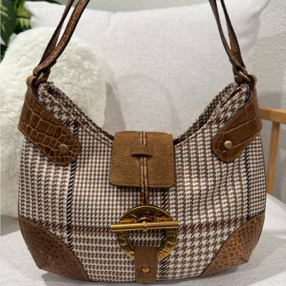 ‼️SOLD‼️Ralph Lauren Houndstooth Neutral Croc Leather Toggle Lock Hobo Bag Purse - Picture 4 of 16